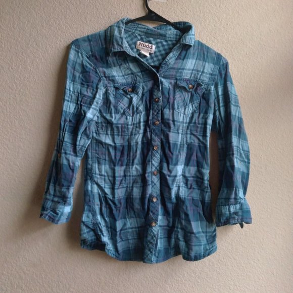 Mudd Girls Blue Plaid Button Down Shirt with Roll Tab Sleeves - Picture 1 of 4